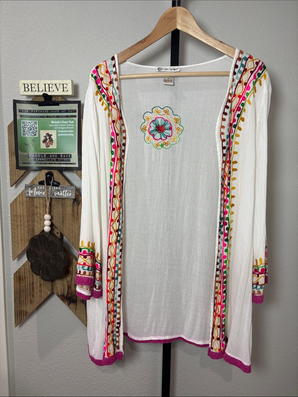 White Embroidered Open-Front Tunic with Multicolor Trim